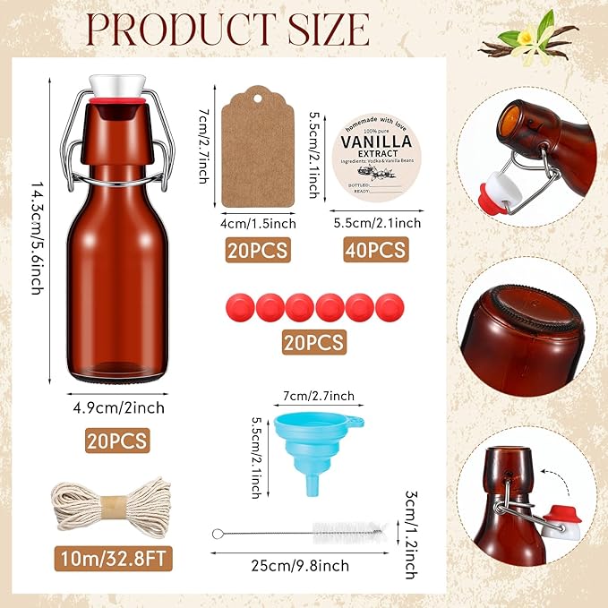 Vesici 20 Sets Swing Top Glass Bottles Set Amber Homemade Vanilla Extract Bottles with Stoppers