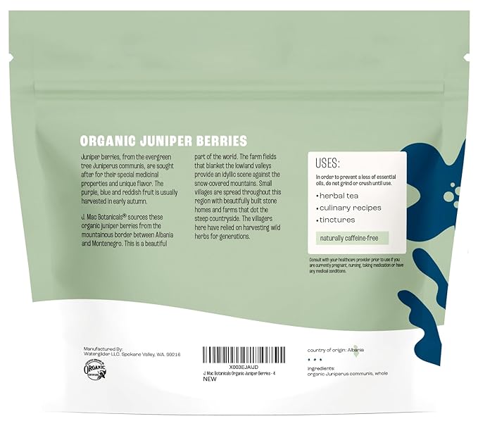 J MAC BOTANICALS, Organic Whole Juniper Berries, Certified Organic, juniper for herbal infusions