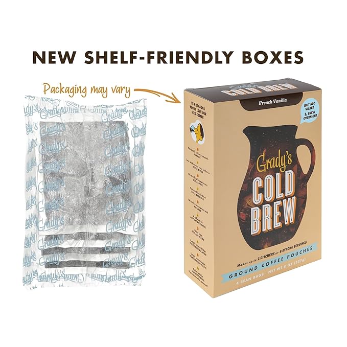 GRADY’S COLD BREW, French Vanilla, 100% Arabica Ground Coffee & Chicory Pouches, TWO Bundles of 4