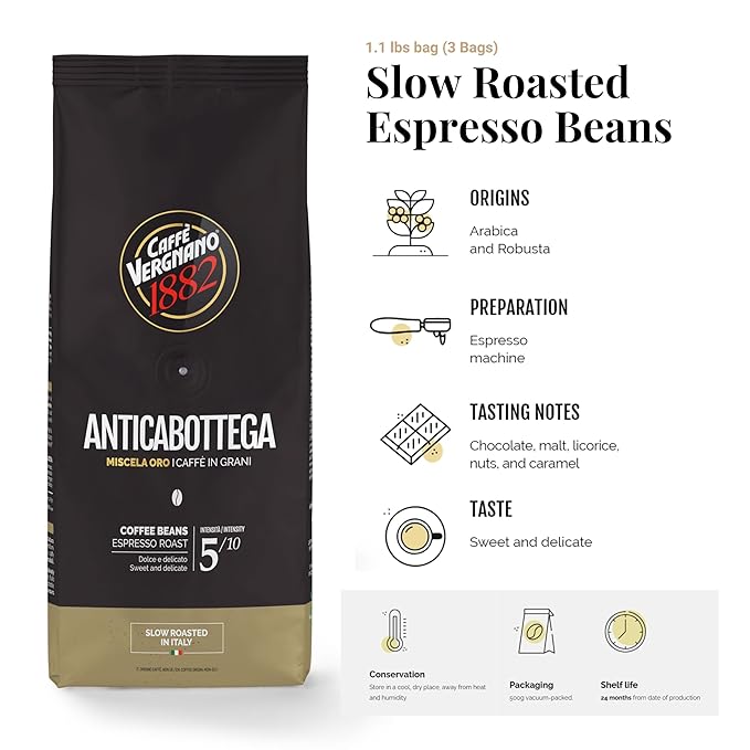 Caffe Vergnano 1882 Antica Bottega Whole Bean Arabica Medium Roast Espresso - Italian Coffee Beans