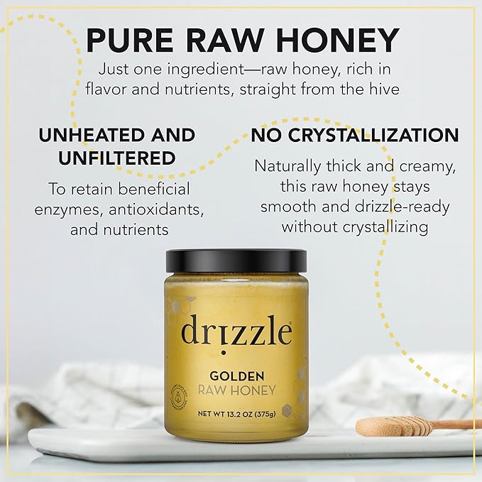 Drizzle Golden Raw Honey - All Natural Pure Raw Honey, Unfiltered & Unheated, Use in Tea & Coffee