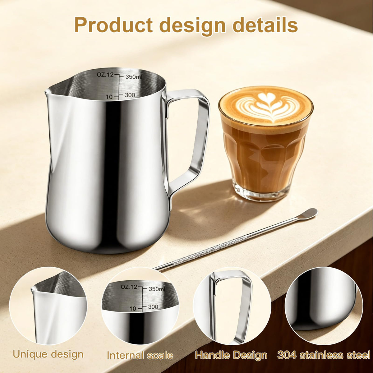 Milk Frothing Pitcher, 12oz Milk Frother Cup with Scale, 304 Stainless Steel Cappuccino Espresso