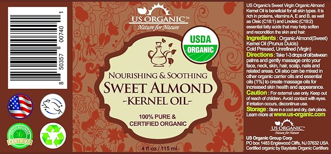 US Organic Sweet Almond Kernel Oil, USDA Certified Organic,100% Pure & Natural, Cold Pressed