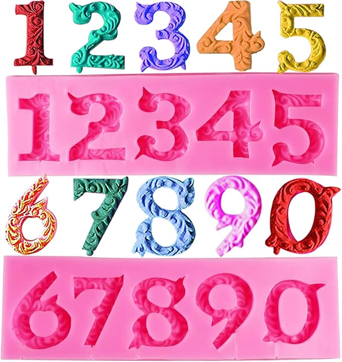Silicone Fondant Molds, AIMEIKI 2 Pack 3D Silicone Number 0-9 Embossed Fondant Chocolate Baking