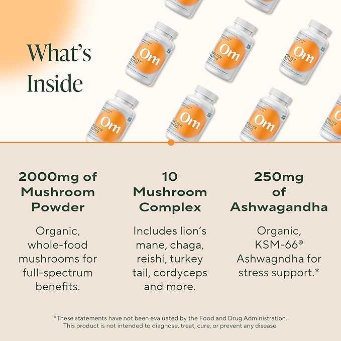Om Master Blend Mushroom Capsules - Organic Mushroom Supplement with 10 Mushrooms and Ashwagandha