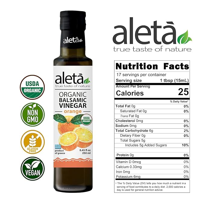 Aleta Farms Balsamic Vinegar, Greek Organic Orange Infused Aged Balsamic Vinegar, USDA Organic