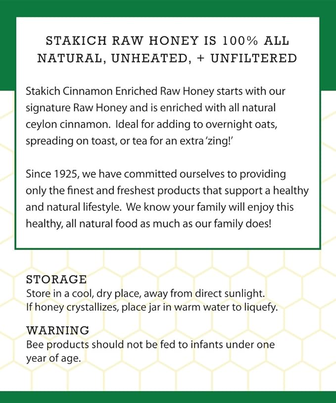 Stakich Cinnamon Enriched Raw Honey - Pure, Unprocessed, Unheated - 40 Ounce