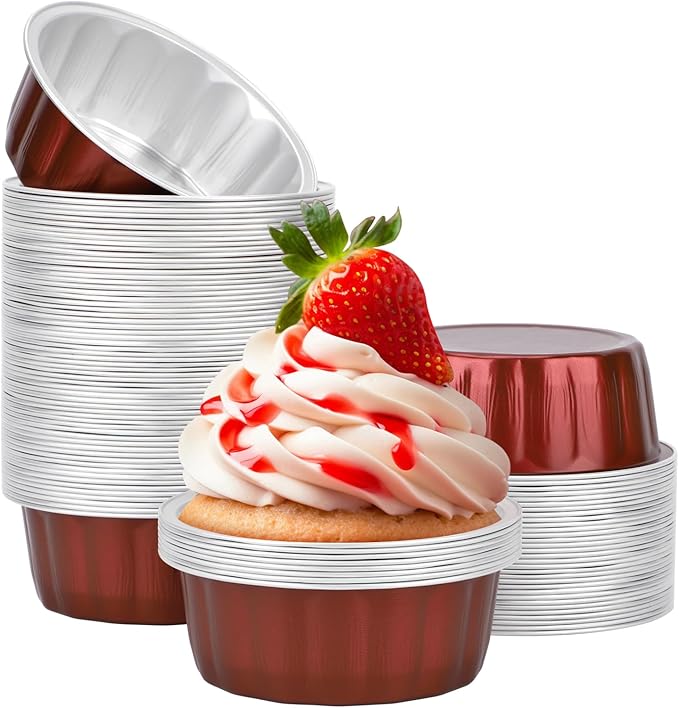 Beasea Aluminum Baking Cups, 100 Pack 8oz 235ml 3.9 Inch Wine Red Round Disposable Ramekins No Lids