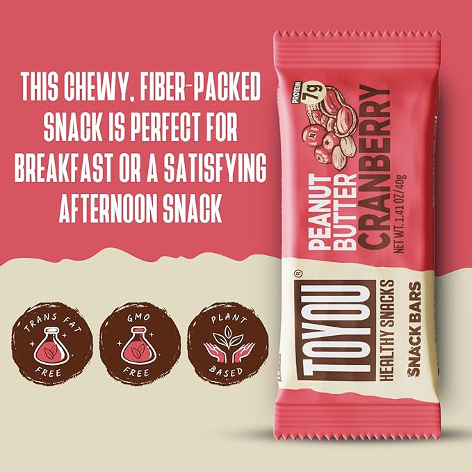 ToYou Chewy Fruit and Nut Bars - Healthy Protein Snacks | Peanut Butter Cranberry - 1.41 Ounce
