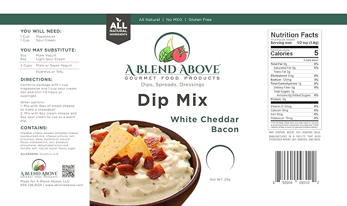 A Blend Above White Cheddar Bacon Dip Mix Mixed Seasonings Packet, 1 oz (3 Pack), Gluten-Free, No