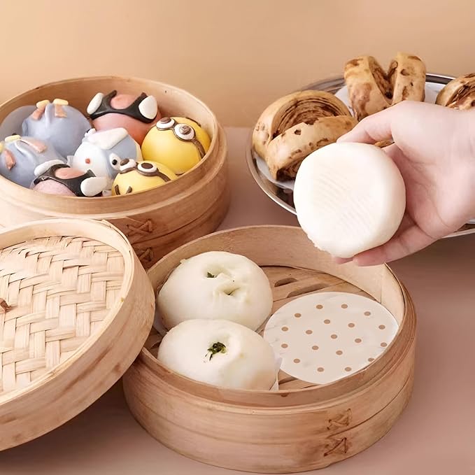 200pcs Air Fryer Liners, 5 inches Bamboo Steamer Liners, Premium Perforated Parchment Steaming