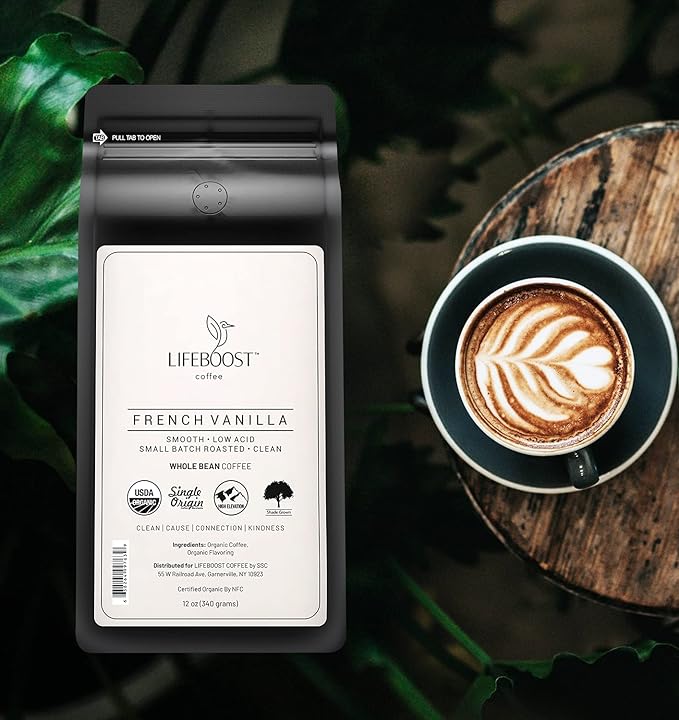Lifeboost Whole Bean French Vanilla Coffee - Low Acid Single Origin Non-GMO Organic Coffee - Third