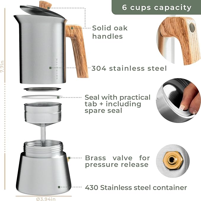 WALDWERK Stainless Steel Moka Pot (10oz) - Toxic Free Moka Pot with Oak Wood Handle - Stovetop