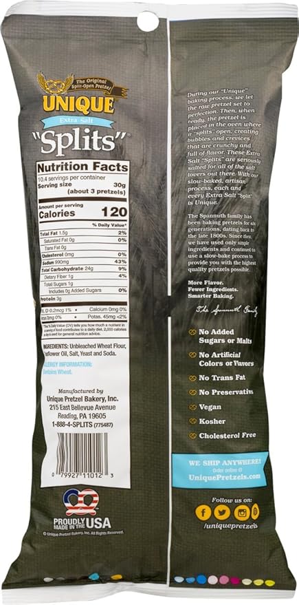 Unique Extra Salt Pretzel Splits, 11 Oz (Pack of 2)