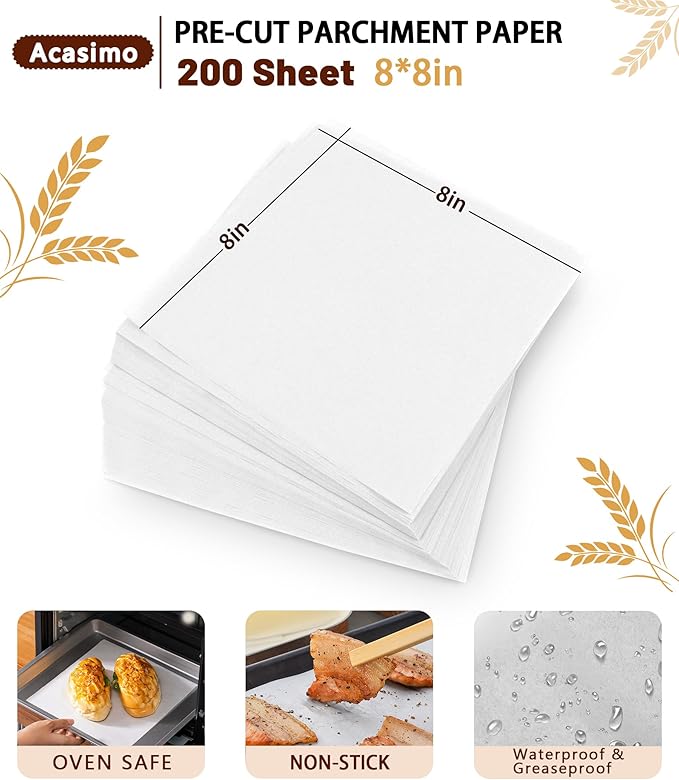200PCS Parchment Paper Sheets, 8x8 Inch, Squares Baking Paper for Baking, Air Fryer, Steaming