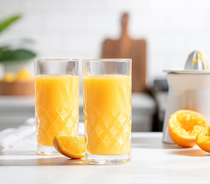 Royalty Art Kinsley Tall Highball Glasses Set of 4, 12 Ounce Cups, Textured Designer Glassware for