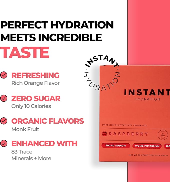 Instant Hydration Electrolytes Powder Packets - Raspberry Electrolyte Drink Mix - Zero Sugar
