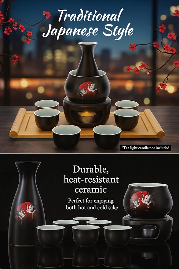 Japanese Sake Cup Set with 6 Ceramic Cups, 1 Ceramic Sake Bottle, 1 Ceramic Sake Warmer, Bamboo