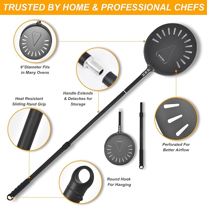 Turning Pizza Peel, 9 Inch with 38 Inch Handle Round Pizza Turning Peel, Professional Anodized