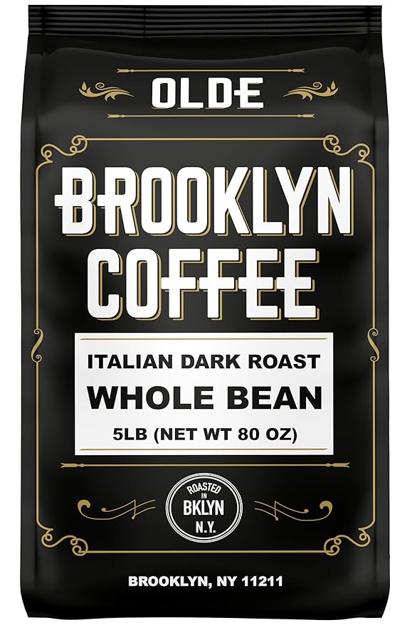 BROOKLYN COFFEE Whole Bean, Italian Dark Roast (5lb) Extra Strong, Delicious Taste, Heavenly Aroma