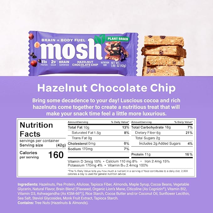 MOSH Hazelnut Chocolate Chip Vegan Protein Bars, Plant Based, Keto, Gluten Free, Brain Healthy