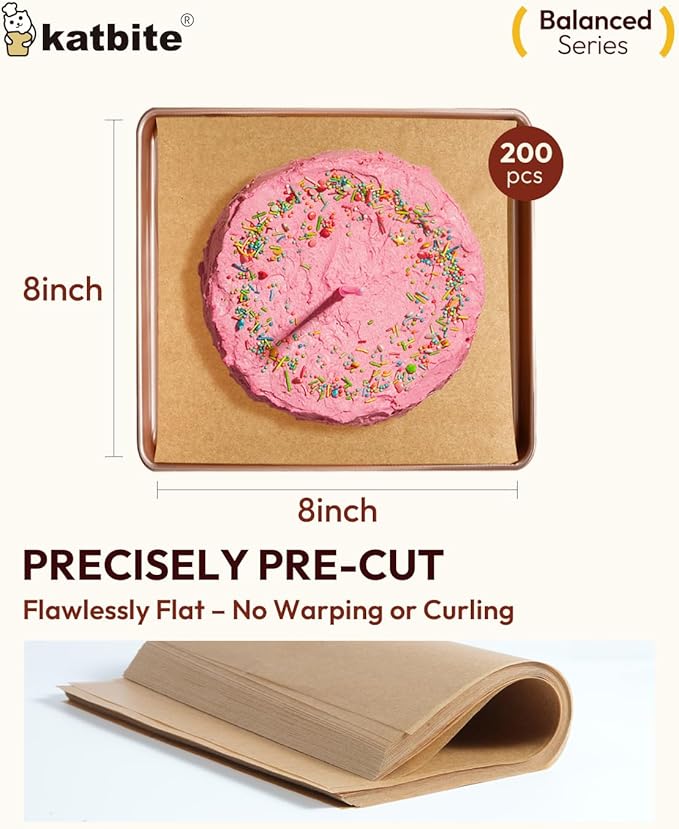 Katbite 200 Pcs Parchment Paper, 8 x 8 Inch Unbleached Baking Paper, Oil Resistant & Easy Clean