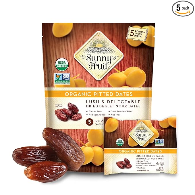 Sunny Fruit Organic Dried Pitted Deglet Nour Dates - 1 Bag (5 Individual Portion Packs) | No