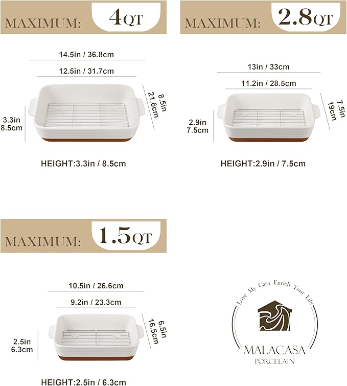 MALACASA Casserole Dishes for Oven with Roasting Racks, Ceramic Baking Dishes Set of 3, Baking Pan
