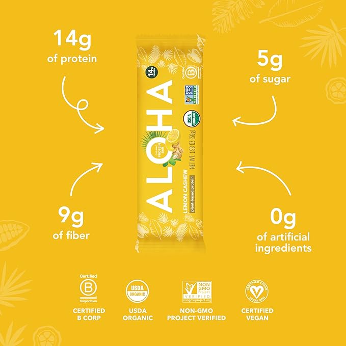 ALOHA Organic Plant Based Protein Bars - Lemon Cashew - 12-Count - Vegan, Low Sugar, Gluten-Free