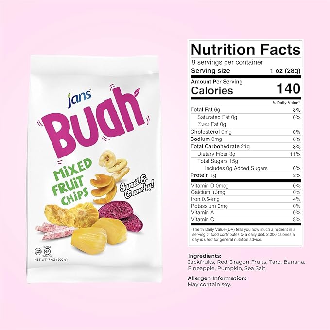 Jans Buah Mixed Fruit Chips, 7 Oz (Pack of 6 ) Tropical Mix of Red Dragonfruit, Pineapple, Banana