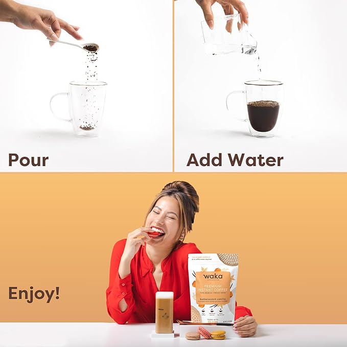 Waka Premium Instant Coffee — Butterscotch Vanilla Flavored — 100% Arabica Freeze Dried Beans — For