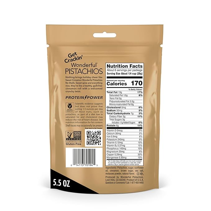 Wonderful Pistachios No Shells, Sweet Cinnamon Flavored Nuts, 5.5 Ounce Resealable Bag, Protein