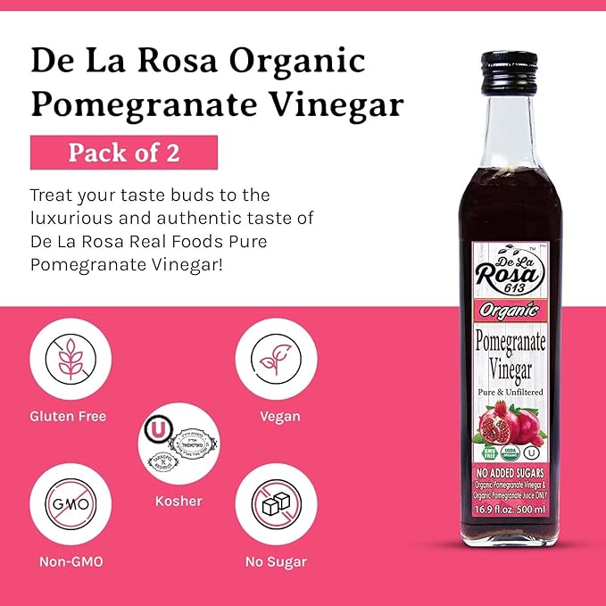De La Rosa Organic Pomegranate Vinegar, Pure & Unfiltered, Vegan, Gluten Free & Kosher, Great for