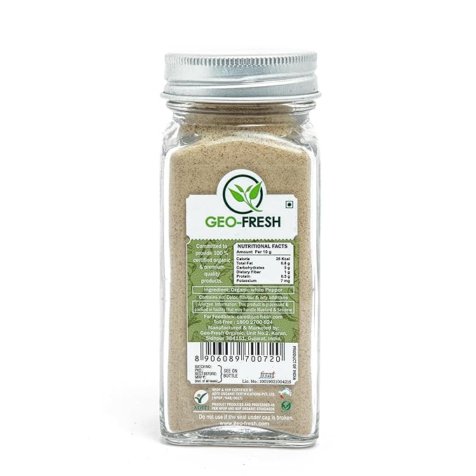 Geo-Fresh Organic White Pepper Ground ??1.94 oz Glass Jar ??White Pepper Powder ??USDA Certified