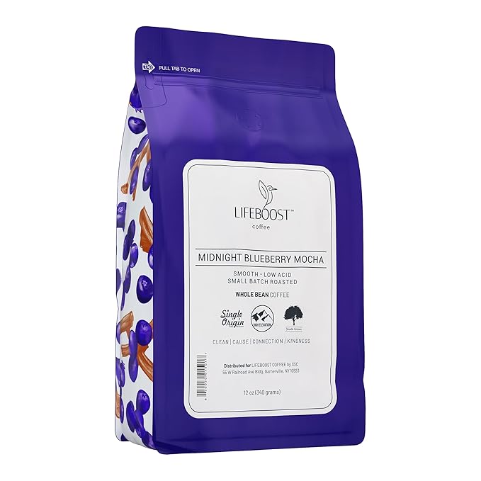 Lifeboost Midnight Blueberry Mocha Whole Bean Coffee - Non-GMO Wild Blueberry Low Acid Single