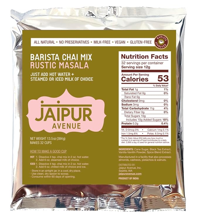 Jaipur Avenue Barista Chai Tea Mix - Rustic Masala (without Milk) - Vegan, Preservative-Free