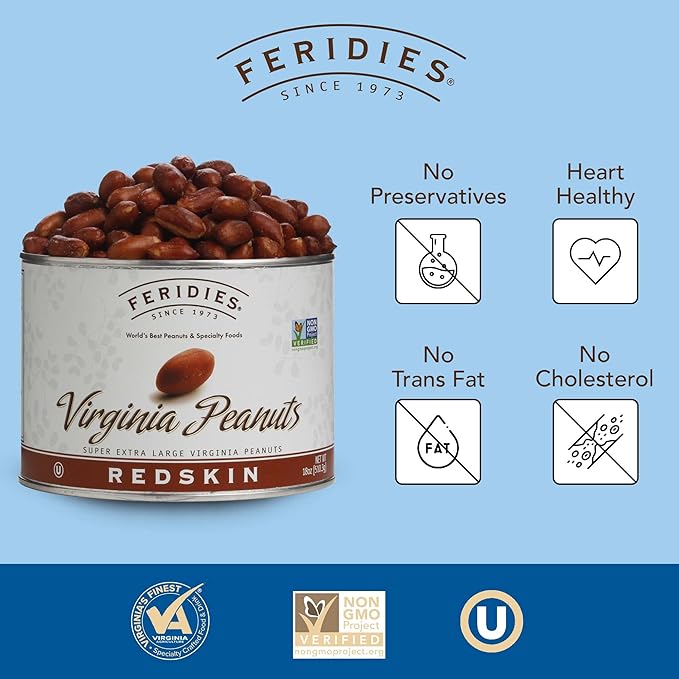 FERIDIES Extra Large Gourmet Salted Redskin Virginia Peanuts with Skins, 18 Oz CAN, All Natural