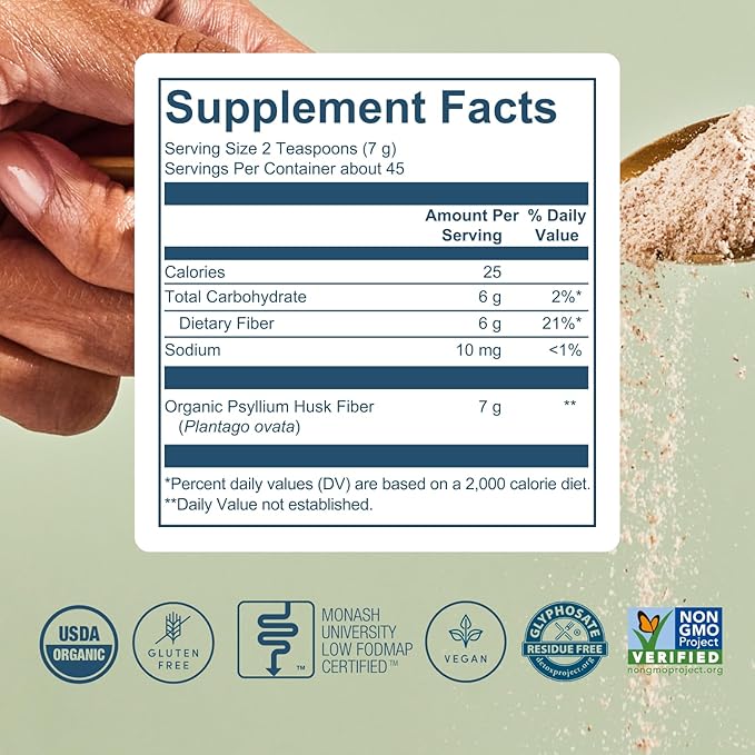 Psyllium Husk Fiber Unflavored (6g Per Serving) - Gluten-Free Fiber Supplement for Women & Men