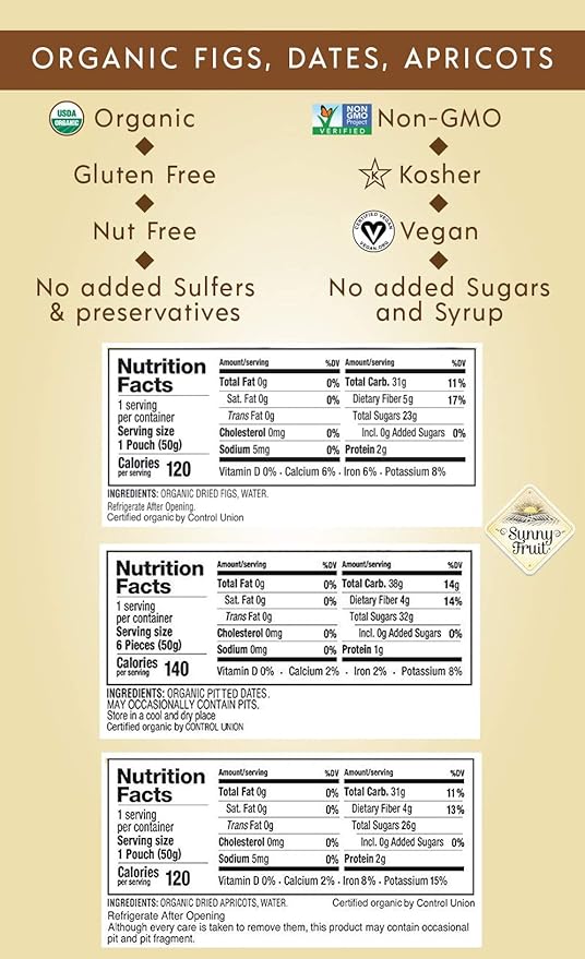 Sunny Fruit Organic Dried Fruit Assortment - Dates, Figs & Apricots Variety, 3 Bags (15 Individual