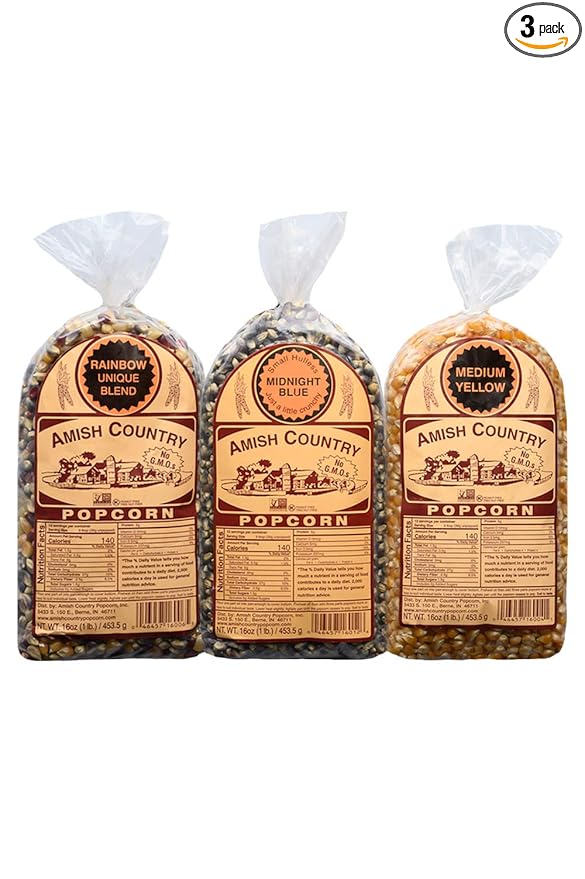 Amish Country Popcorn | 3-1 lb Bags | Variety Set | Midnight Blue, Rainbow, & Medium Yellow Popcorn