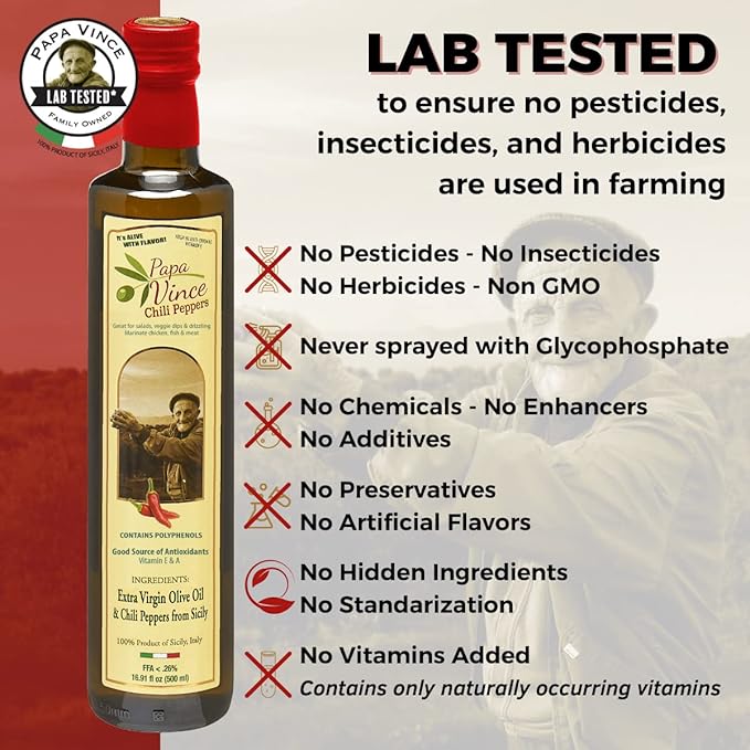 Papa Vince Olive Oil Extra Virgin - First Cold Pressed, Polyphenol Rich Olive Oil (EVOO). Chili
