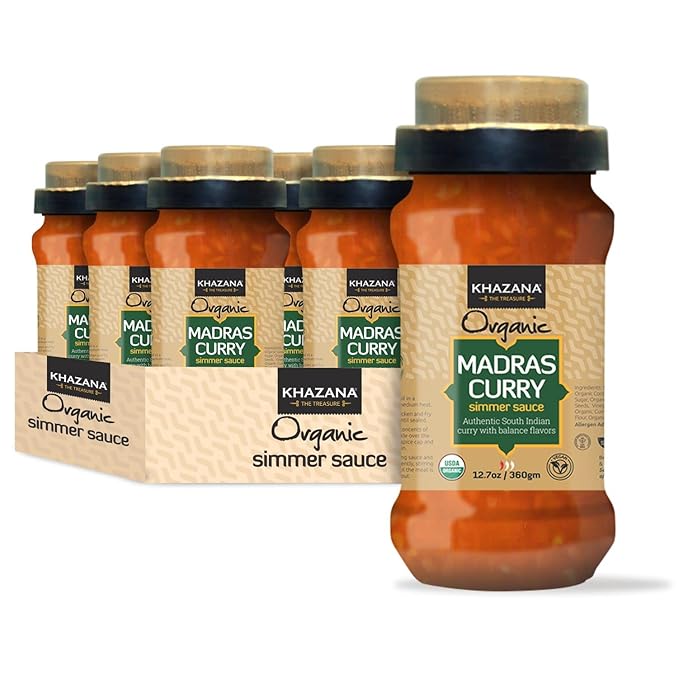 Khazana ORGANIC Madras Curry Indian Simmer Sauce - 6 x 12.7oz Jars | Non-GMO, Vegan, Gluten Free