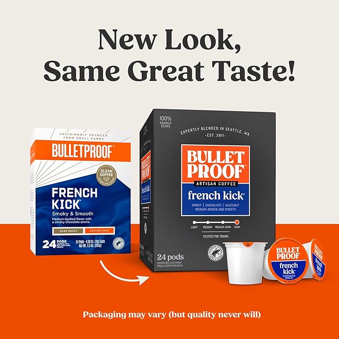 Bulletproof French Kick Dark Roast Single Serve Pods, 24 Count, 100% Arabica Coffee, Clean Coffee