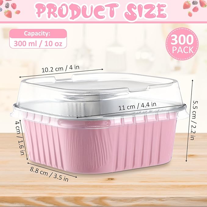 Aoriher 300 Pieces 10 oz Mini Cake Pans with Lids, Aluminum Foil Baking Cups, Square Disposable