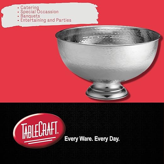 TableCraft RPB1513 Hammered Pedestal Punch Bowl, Large Silver Stainless Steel, 54 Cup Capacity, 3.4
