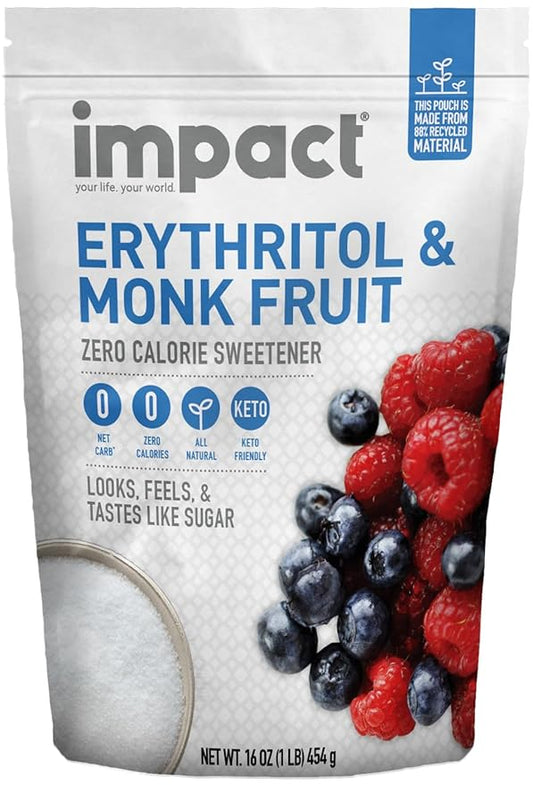 Impact White Monk Fruit & Erythritol Sweetener Blend - Gluten Free, Zero Calories, Net Carbs, Keto