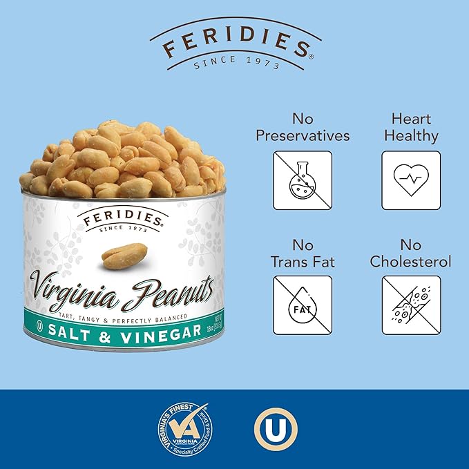 FERIDIES Salt and Vinegar Virginia Peanuts, Extra Large Roasted, 18 Oz Resealable Gourmet Snack Tin