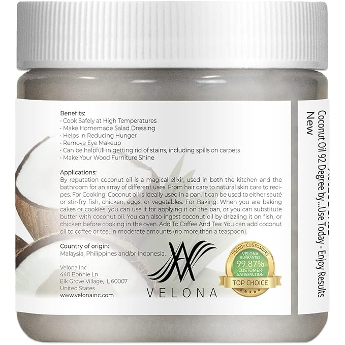Coconut Oil 92 Degree by Velona - 4 fl oz | 100% Pure and Natural Carrier Oil | in jar | Refined