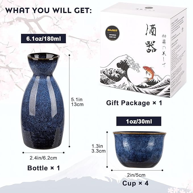 DUJUST 5 pcs Japanese Sake Set, Kiln Altered Glaze Porcelain Sake Set, 1 Bottle, 4 Cups & 1 Gift