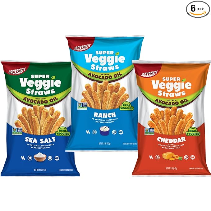 Jackson???Super Veggie Straws Variety Pack (5 oz, Pack of 6) ??Ranch, Cheddar, Sea Salt ??Gluten